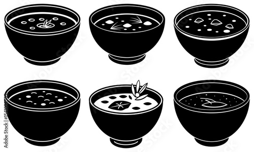 Six black bowls filled with various soups and garnish in a minimalist monochromatic illustration style