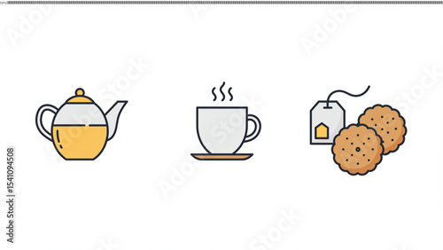 Tea Time Icons Kettle, Teacup, Tea Bag, and Biscuits