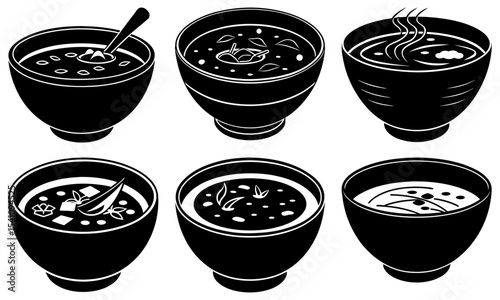 Six bowls of soup in black and white with various ingredients and steam rising from one of the bowls