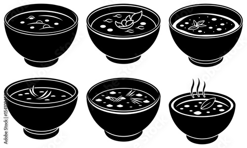 Six bowls of soup with different toppings in black and white illustration style image design vector