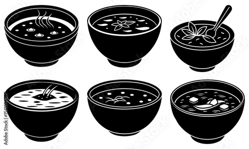 Isometric view of six bowls filled with various soups and toppings in black and white style art