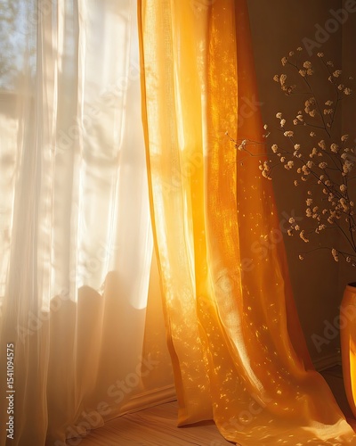 Soft sunlight filtering through yellow curtains.