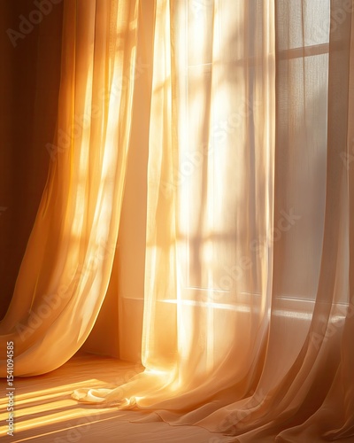 Warm sunlight through sheer curtains at home