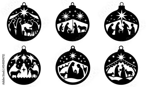 Silhouette christmas ornaments depicting nativity scenes with stars and holy family figures design set