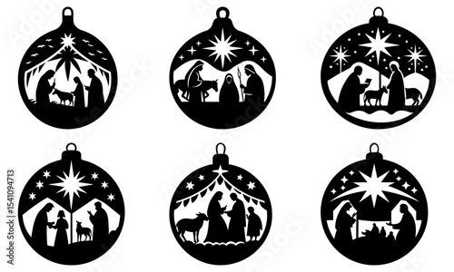 Silhouette christmas ornaments depicting the nativity scene with star and hanging loop decorations