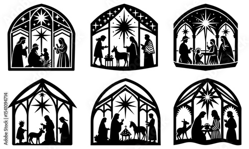 Six black and white nativity scene illustrations in arched frames with star details and silhouette style
