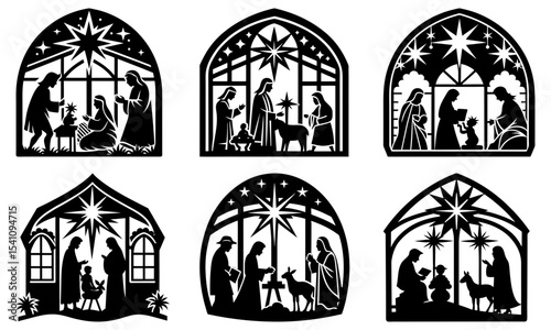 Six arched nativity scenes in silhouette with stars and religious figures depicted in each window panel design