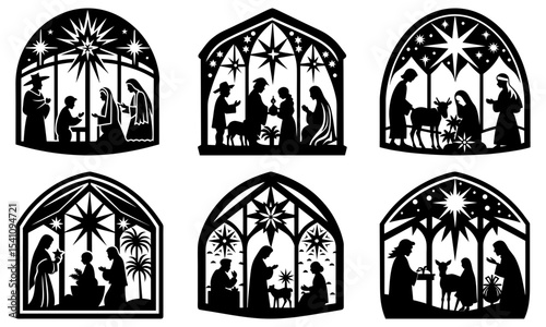 Silhouette christmas nativity scenes with stars in arched windows vector illustration set of six designs