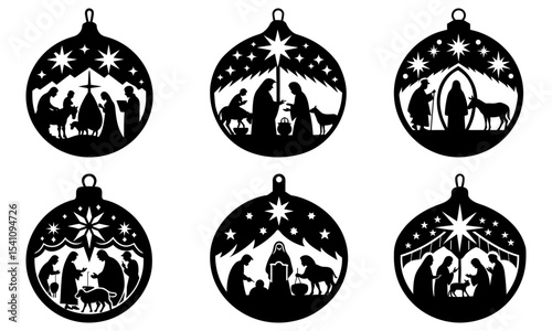 Silhouette christmas ornaments depicting nativity scenes with stars and religious figures in black and white