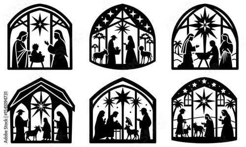 Silhouetted nativity scenes in arched frames with stars and figures of holy family and animals