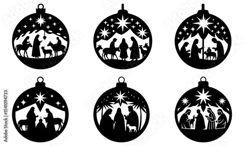 Silhouette christmas ornaments depicting the nativity scene with stars and religious figures in black and white