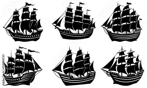 Silhouette vector illustration featuring a collection of detailed sailing ships and vessels on white background