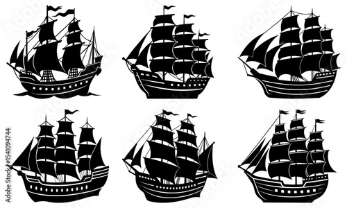 Collection of six black silhouette sailing ships with multiple masts and billowing sails on a white background
