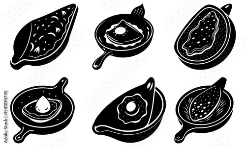 Illustration of various halved fruits including papaya fig and avocado in a black and white color scheme