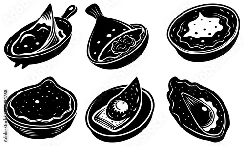 Illustration of six figs cut in half with different fillings and toppings in black and white style