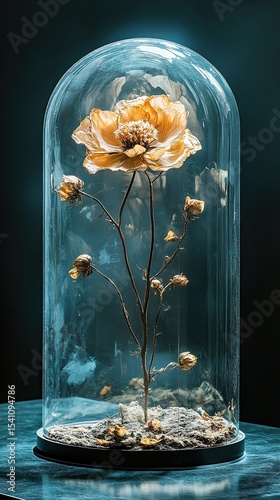 Beautiful preserved flower in glass dome display.