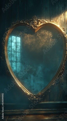 Heart-shaped vintage mirror reflecting light.