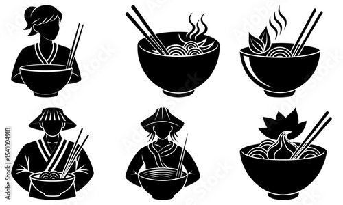 Illustrations of people holding bowls of noodles and bowls of noodles with chopsticks in black and white