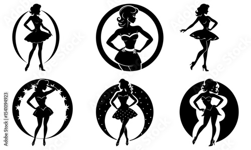 Collection of six black silhouette illustrations of women in various poses and oval frames design