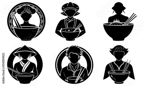 Silhouette portraits of people with bowls and chopsticks in oval frames black and white art