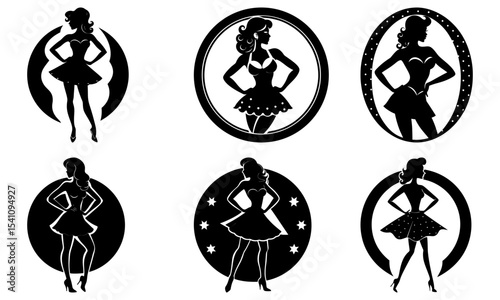 Silhouettes of women in short dresses in oval frames with various decorative elements artfully arranged