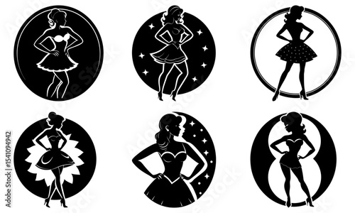Collection of six retro style pinup girl silhouettes in oval frames in black and white design