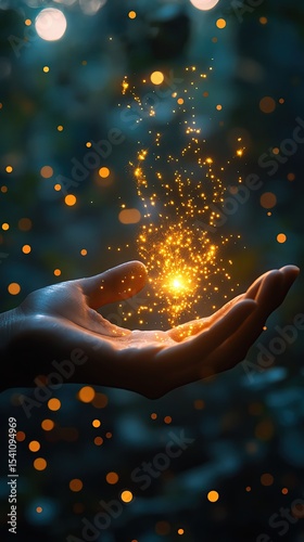 A magical hand holding glowing light particles.