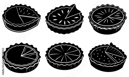 Illustration of six pies with slices removed showing different fillings and crust designs in black and white