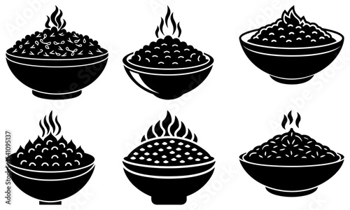 Illustration of six bowls filled with steaming food in varying textures and shapes in black and white