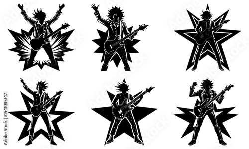 Silhouetted guitarists in various poses with starburst and star backgrounds in a vector illustration