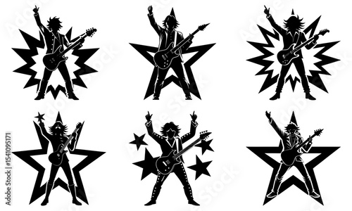Six monochrome rockstars with guitars striking poses against star and burst backgrounds in silhouette style