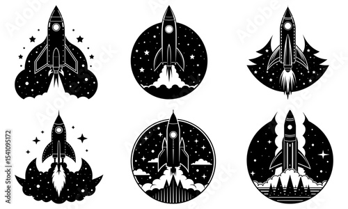 Collection of six black and white rocket ship designs taking off into space with stars and clouds around them