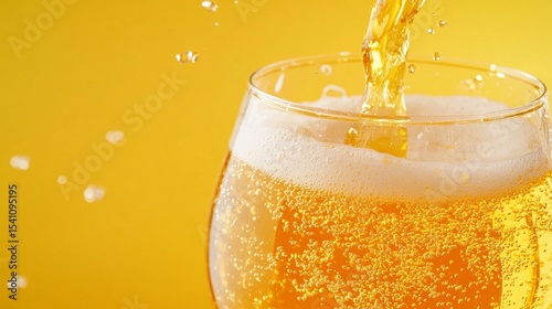 Golden Beer Pour in Clear Glass, Bright Yellow Background, Bubbles and Foam, Ideal for Text Placement, Vibrant and Inviting Scene