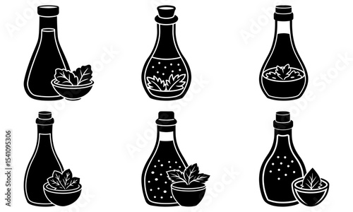 Illustration of six bottles with stoppers filled with liquid and small bowls of herbs in black and white
