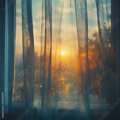 Sunlight streaming through sheer curtains at dawn.