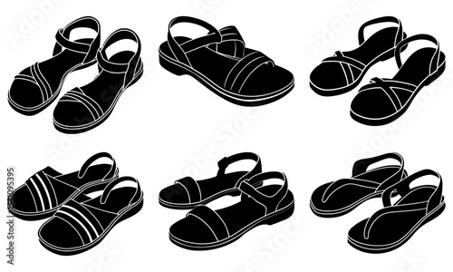 Collection of sandal pairs in black and white showcasing various strap and sole styles for summer fashion