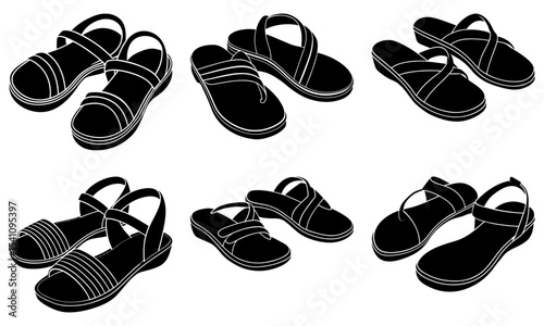 Illustration of six pairs of black sandals with varying strap designs and sole thicknesses on white background