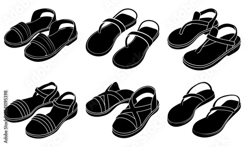 Illustration showcasing six pairs of sandals with various strap designs in a monochrome style format