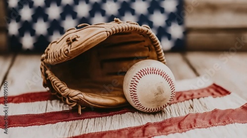 Baseball Tradition, close-up of a worn baseball in a leather glove on an American flag, showcasing the sport's heritage and connection to the nation