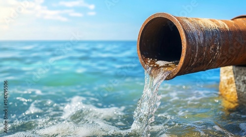 Rusty Pipe Discharging Polluted Water into Vibrant Ocean, stark contrast of murky flow and sparkling sea, sunlight highlighting environmental impact