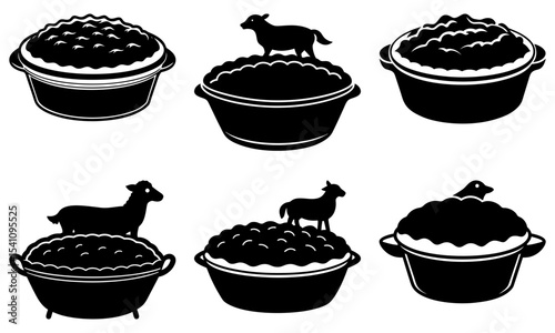 Silhouette illustration of six pots filled with food and topped with sheep figures in black and white