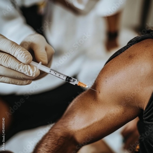 Vaccine Administration Close-Up, detailed view of a healthcare professional injecting a vaccine into a patient's arm, emphasizing medical care and safety