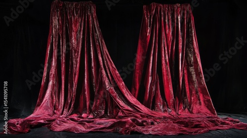 Wallpaper Mural Theater Stage Unveiling, a rich red velvet curtain parting dramatically, revealing a mysterious black backdrop, inviting anticipation for a grand performance. Torontodigital.ca