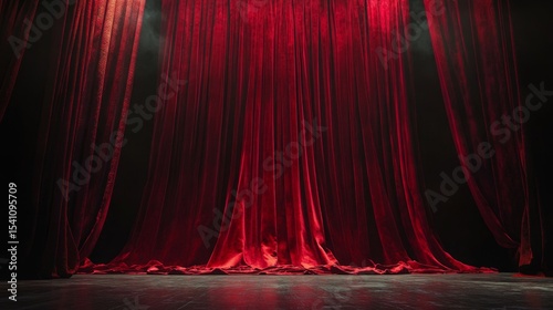 Theater stage unveiling with rich red velvet curtain, textured fabric flowing, dramatic lighting highlighting folds against dark backdrop