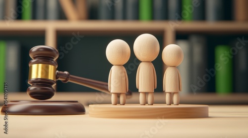 Wooden figurines of a family with a gavel on a desk, evoking themes of justice and family dynamics in a courtroom setting.