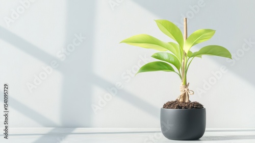 Indoor plant with wooden stake and twine, rich brown mulch, black clay pot, minimalist concrete surface, sunlight filtering through