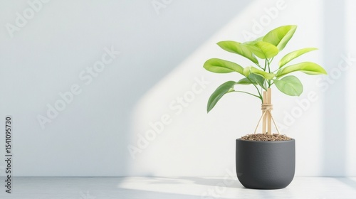 Indoor plant with wooden stake and twine, rich brown mulch, black clay pot on minimalist concrete, sunlight filtering through.