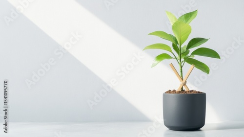 Lush indoor plant with wooden stake and twine, rich brown mulch in black clay pot on minimalist concrete surface with sunlight filtering through