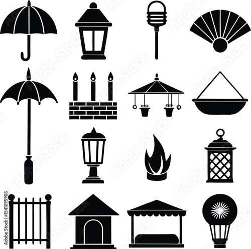 "Traditional and Outdoor Decor Icon Set Featuring Umbrellas, Lanterns, Gazebos, Fans, and Lighting Elements in Bold Silhouette Style"