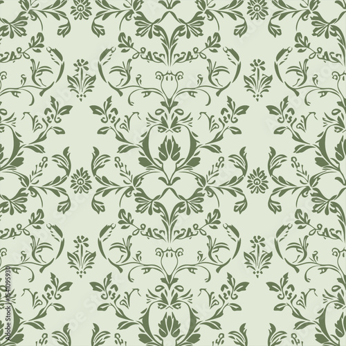 The green olive chic, seamless flower leaf pattern represents a warm, cozy, vector-style mood used for wallpapers, tiles, etc.